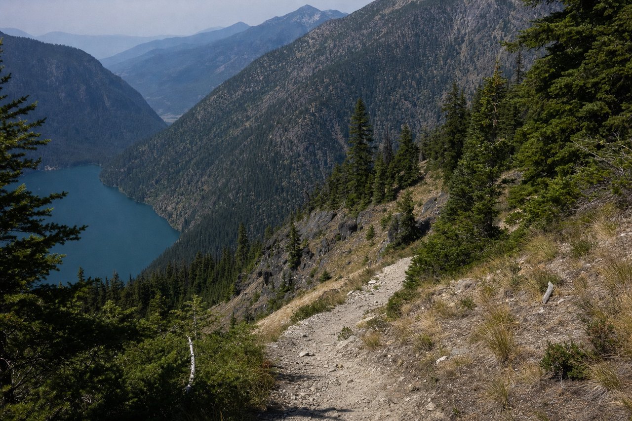 A narrow golf cart path curving downhill through dry grass and conifers on a steep slope, no vehicles in sight.
