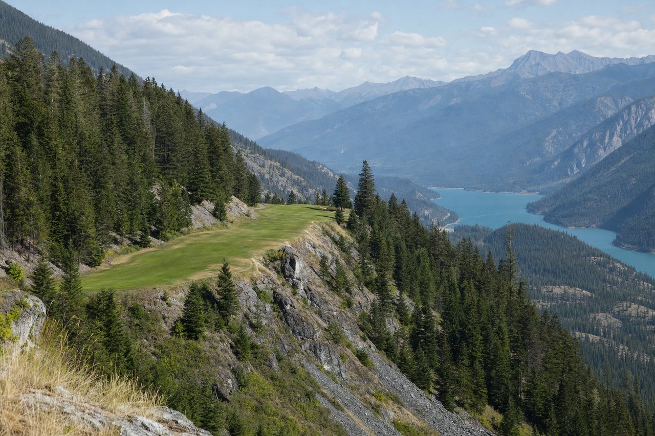 A golf hole routed along a natural bench on a steep forested slope, the fairway following the contour rather than cutting across it.