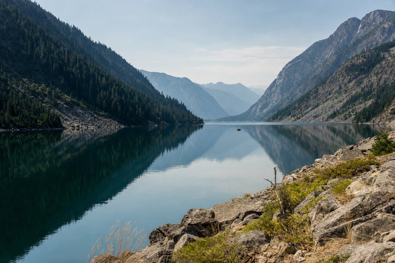 A long narrow lake between forested mountain slopes, seen from the shore with calm water and a distant boat.