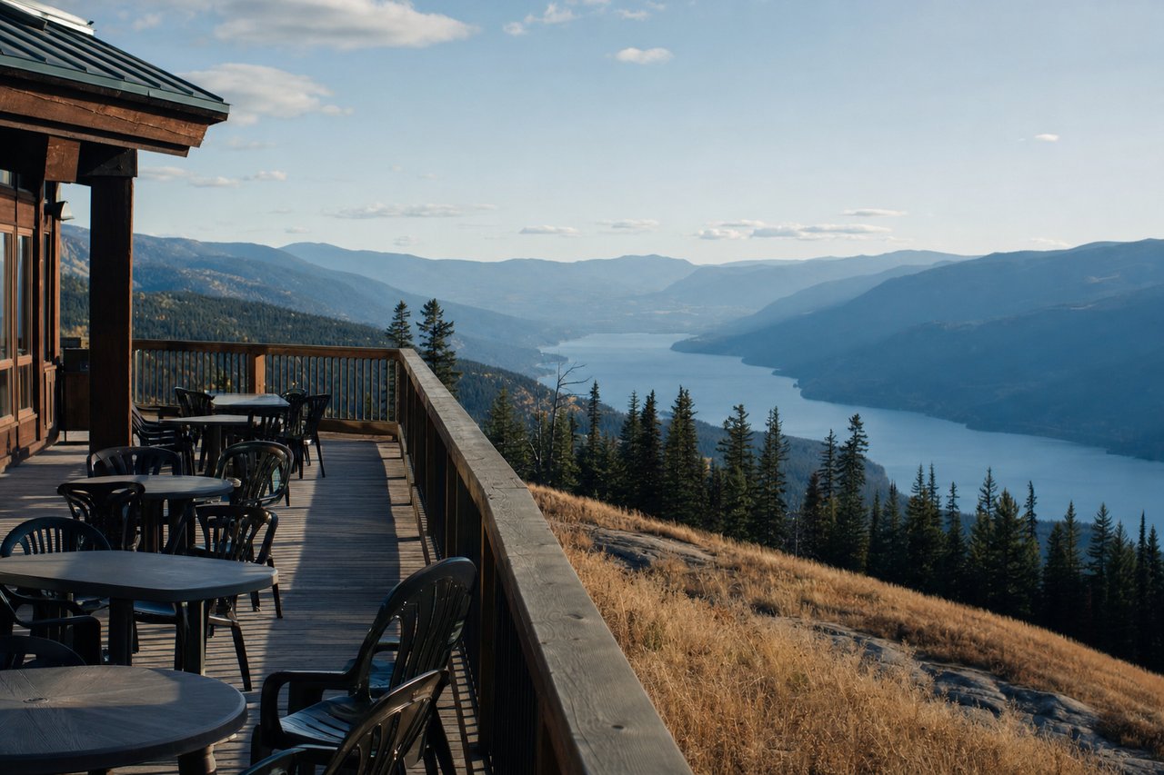 A wooden clubhouse deck with empty tables and chairs, looking west over a long lake in the valley below.