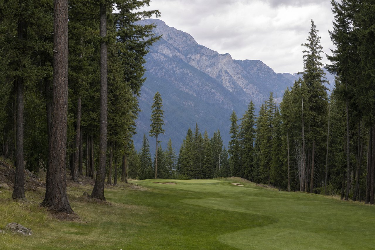 A parkland golf fairway framed by tall fir and cedar, with mountain ridges rising behind the treeline.