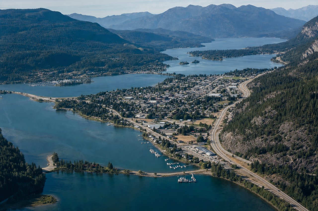 A high view over a small town built on a narrow channel between two lakes, marinas and moored boats along the waterfront.