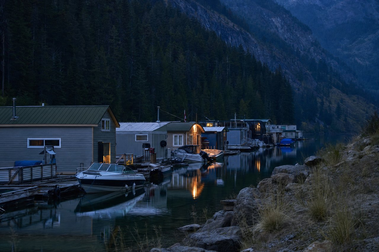 Houseboats and small craft moored along a lakeside channel at dusk, forested hills rising behind them.