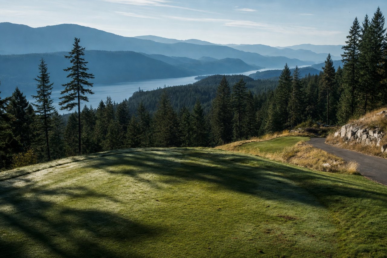 An empty first tee early in the morning, dew on the grass and long conifer shadows across the teeing ground.